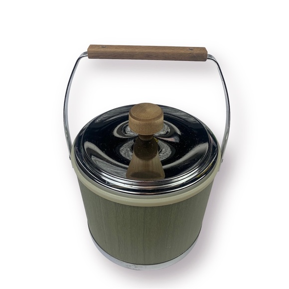VTG KROMEX ICE BUCKET METAL&GREEN GRAIN COLOR WOODEN HANDLE & KNOB W/ICE TONGS - Picture 2 of 14